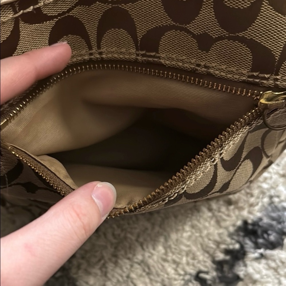 Coach Tan and Brown Signature C Tote Crossbody Bag with White Leather Strap - Picture 9 of 11